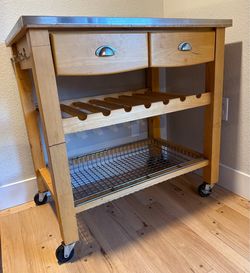 Wooden Bar Cart with Drawers and Wine Rack