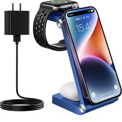 Magnetic Wireless Charger Stand, 3 in 1 Foldable Wireless Charging Station, Travel Charger for Multiple Devices for iPhone 15 14 13 12 Series, Apple W