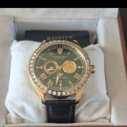 RAINTEN Automatic Wristwatch Green Gold Dial Diamond Markers Black Leather Strap