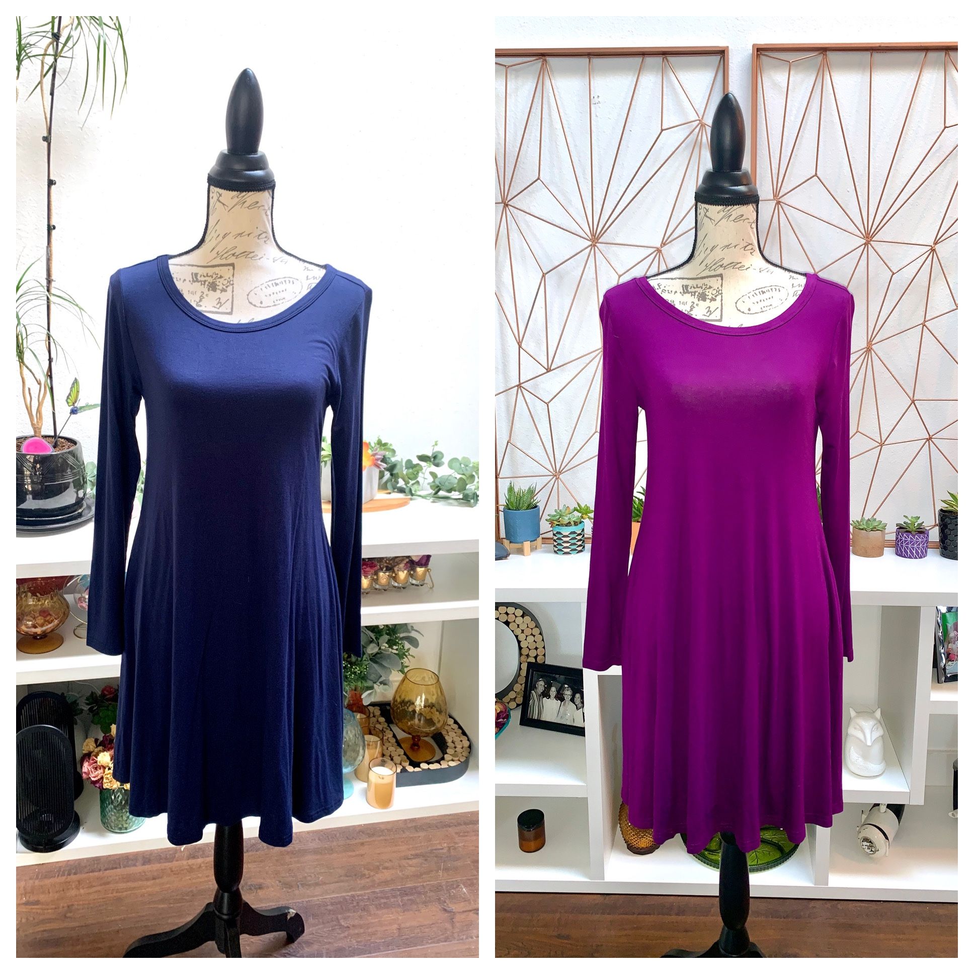 I have (2) Women's Comfy Casual Loose Swing Tunic Long Sleeve Pocket Solid T-Shirt Dress - Size: Small - Color: Navy Blue & Purple