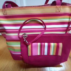 Multi Color Stripe Fabric Foldable Tote Bag W/ Bonus Pouch