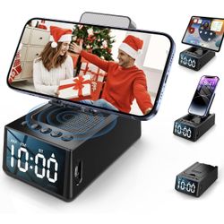 Cell Phone Stand with Wireless Bluetooth Speaker & Alarm Clock, 3 in 1 Adjustable Holder with Anti-Slip Base Fits All Phones Tablets, Unique Tech Gift