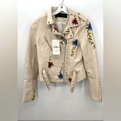 NEW AFTF Basic Designer Moto Cream Leather Floral Embroidered Jacket Cost L NWT
