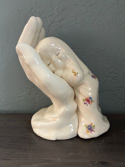 SAFE IN GODS HANDS Glazed Glossy Ceramic Figurine. Approx. 10”. Floral Print.