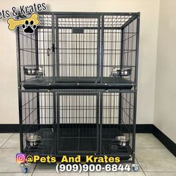 NEW!! 37” Two-Tier Heavy-Duty Dog Cage with Feeding Bowls 