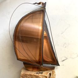 Vintage Mid-Century Modern Brutalist Sailboat Sculpture Paperweight on Marble Base Artist signed  