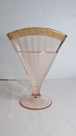 Vintage Paden City Pink Depression Glass Rambler Rose Fan Vase w/Gold Trim 1930s
