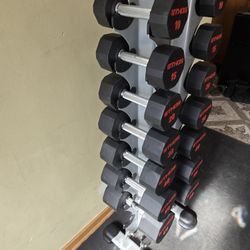 Ethos 10lb thru 60lb Rubber Hex Dumbbell Set With Hoist Rack--
