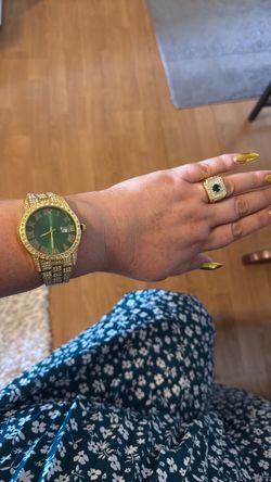 Iced Out Gold-Tone Watch  with Green Dial