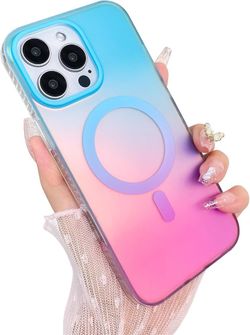 Cute Case for iPhone 16 Pro Max Case, Iridescent Blue & Pink Compatible with Magsafe, Aesthetic Girly Matte Glitter Sparkly Rainbow Magnetic Protectiv
