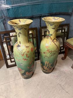 Pair of Large Floor Vases with Bird and Floral Motif