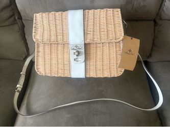 Patricia Nash wicker handbag with white leather trim and strap