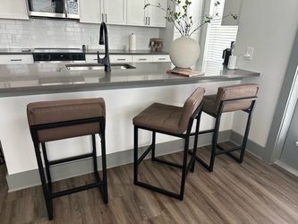 Set of 3 Brown Faux Leather Counter Height Bar Stools – Black Metal