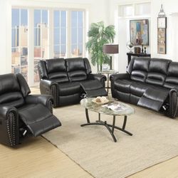 Brand New Black Leather 3pc Reclining Sofa Set 