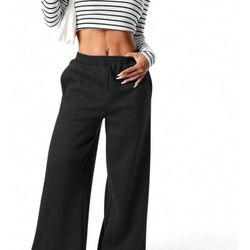 Women's Fleece Wide Leg Sweatpants Winter Warm Thermal Straight Leg Sweat Pants with Pockets