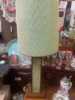 Vintage mid century modern turquoise color wood lamp with matching shade