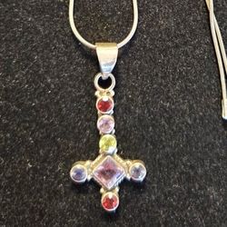 Vintage Sterling Silver, Gemstones Cross Pendant