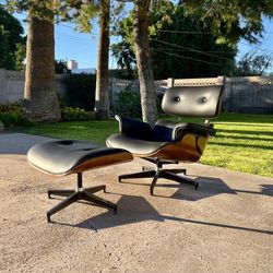 Mid Century Eames Style Lounge Chair in Real Leather and Walnut
