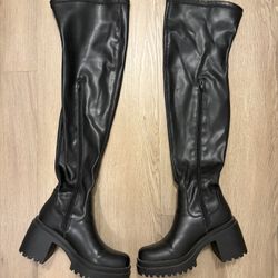 Black Vegan Faux-Leather Over The Knee Platform Boots