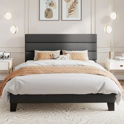 Queen Bed Frame, Platform Bed Frame with Fabric Upholstered Headboard, Dark Grey