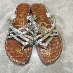 Sam Edelman Keen Metallic Silver Leather  Flat Strappy Sandals Women’s SZ 8