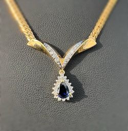 Jewelry 14k solid yellow gold Cuban link pear shape pendant natural diamond sapphire necklace 17.00" 3.20mm 8.30 grams
