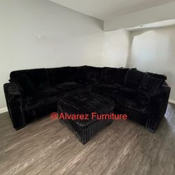 Black Corduroy Sectional Sofa With Ottoman