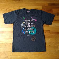 Art J. Orginal Black Graphic Foil "See The World With Bird" T-Shirt Size 36