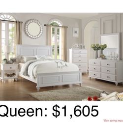 Beautiful  White Queen Size  Complete Bedroom Set. Mattress sold separately 