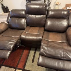 MOVEOUT SALE | 3 + 2 SEAT RECLINING LEATHER SOFAS.