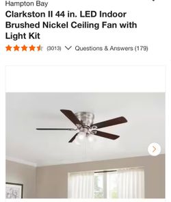 Hampton Bay
Clarkston I 44 in. LED Indoor
Brushed Nickel Ceiling Fan with
Light Kit