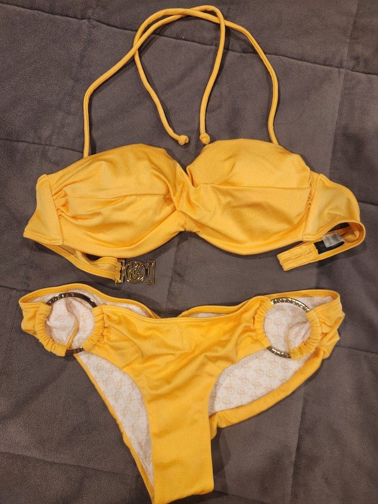 Victoria's Secret Strapless Halter Satin Gold With Gold Accents Bikini Set