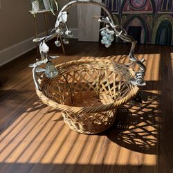 Artisan Made Basket With Metal Handle And Hand blown Glass Fruit