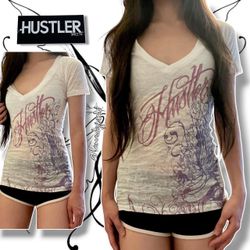 Vintage Y2K Hustler Burnout Graphic V-Neck T-Shirt (White/Multicolor) - XS