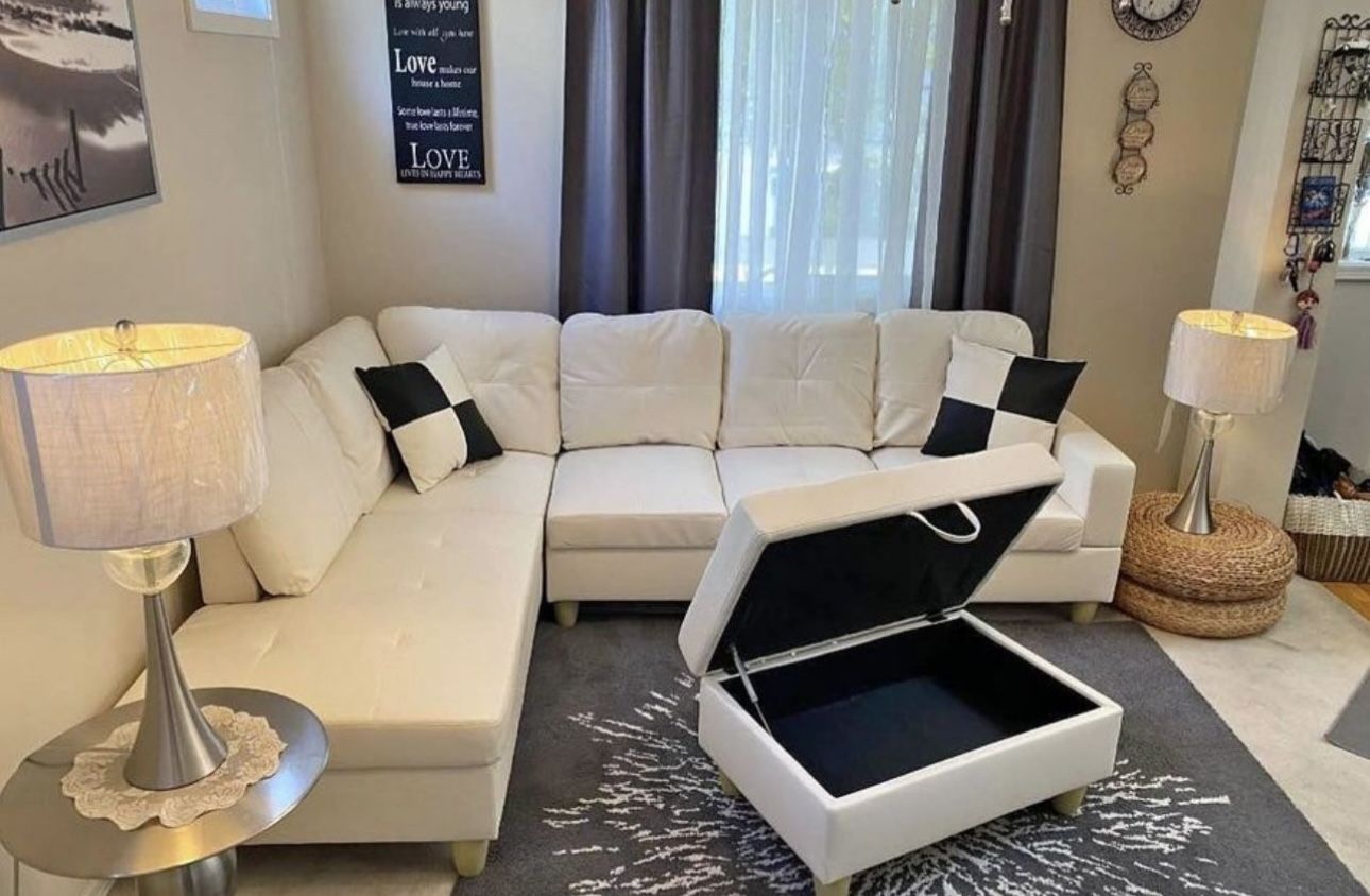 White Leather Sectional Couch and Ottoman