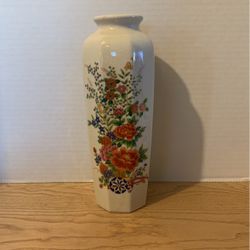 Tall Octagonal Vase with Colorful Flowers, Made in Japan, Signed, White Ceramic Vase. Crackle Glaze  A21