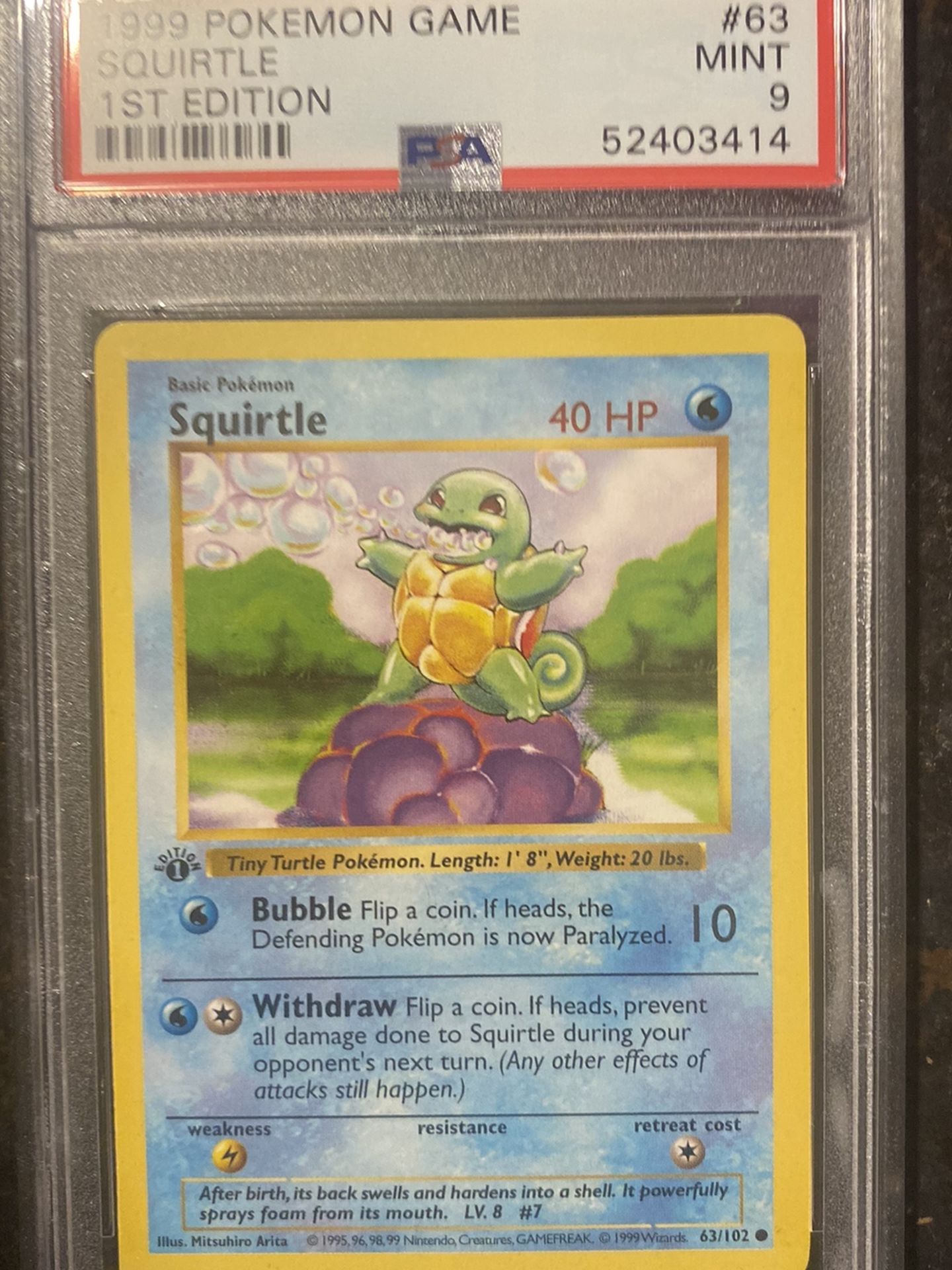 Pokémon 💧1st Edition ‼️Shadowless Base Set Squirtle 💧 63/102 PSA 9 Mint -
