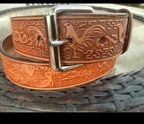 Tan Tooled Leather Belt with Rooster Design