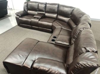 Brand New Brown Leather Reclining Sectional With Storage Compartments Built In Cup Holders & A Push Back Chaise