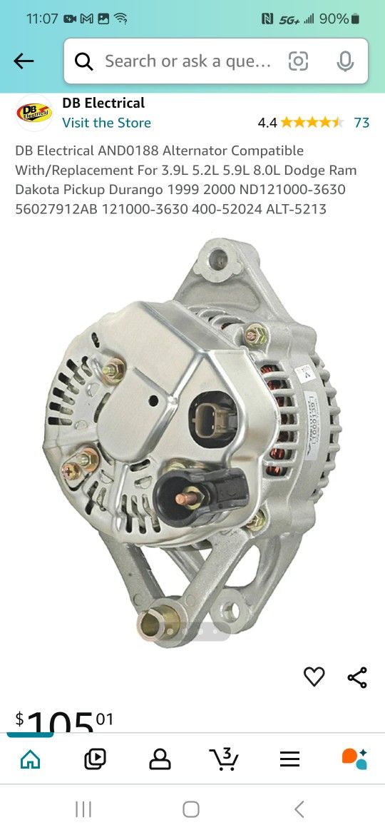 Visit the Store, DB Electrical
DB Electrical
Visit the Store
4.4 73
DB Electrical AND0188 Alternator Compatible With/Replacement For 3.9L 5.2L 5