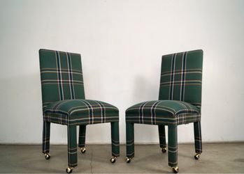 Pair of Vintage Plaid Upholstered Parsons Chairs on Casters