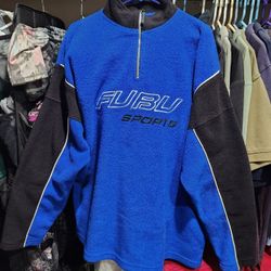 Vintage Retro Fubu Sports Big Logo Y2K Fleece Jacket Pullover Sweater Long-Sleeved 1/2 Zipper with collar.
Size LARGE. Garment has NO pockets!!!