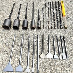 23 NEW SDS MAX CONCRETE TOOLS : 5 coring bits from 2" to 4", 7 drill bits from 3/8" to 1"-1/4", and 11 chisels for demolition and floor Scraper
