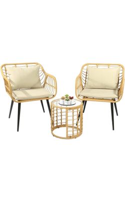 Patio 3-Piece Bistro Sets, Outdoor Wicker Conversation Table and Chairs Set of 2 with Glass Top Side Table and 2 Ergonomic Chairs for Small Porch, Bac