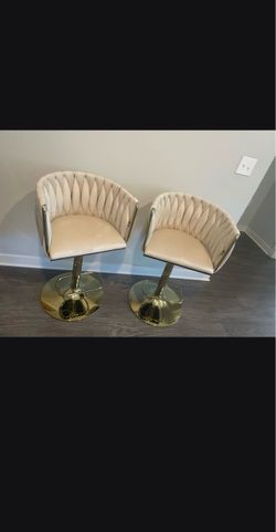 Set of 2 Cream Velvet & Gold Adjustable Bar Stools – $90 for set