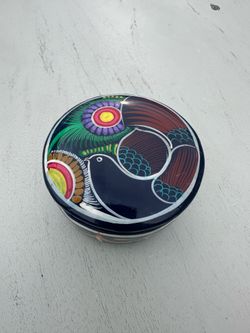 Mexican Ceramic Trinket Box, Hand Painted, Bird, Multicolor, With Lid, Small