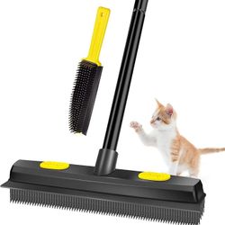 Pet Hair Removal Broom Rubber Broom, Carpet Rake Fur Remover Broom with Squeegee and Telescoping Handle, Portable Lint Remover, Dog and Cat Hair Remov