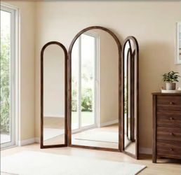 71" H x 66.5" W Dark Brown Wood Frame Tri-fold Full-Length Arched Floor Mirror