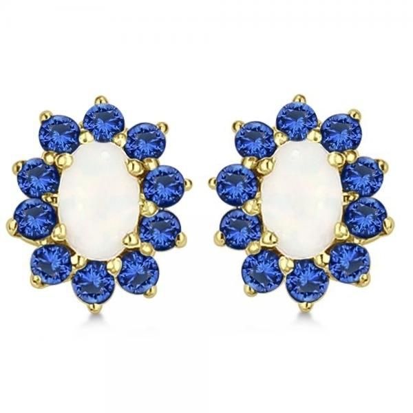 2.64 Ct Oval Cut Opal & Blue Sapphire Stud Earrings 14K Yellow Gold