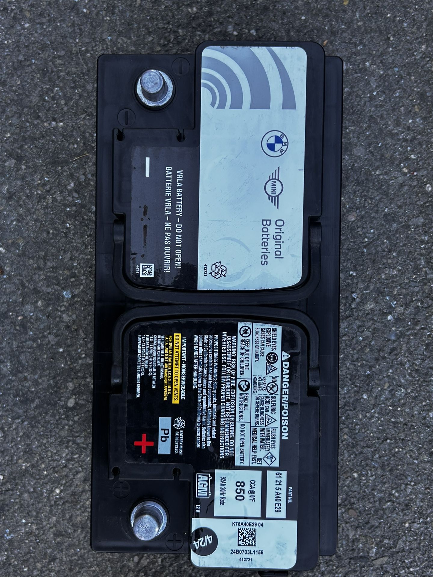 BMW Original Absorbed Glass Mat (AGM) battery.